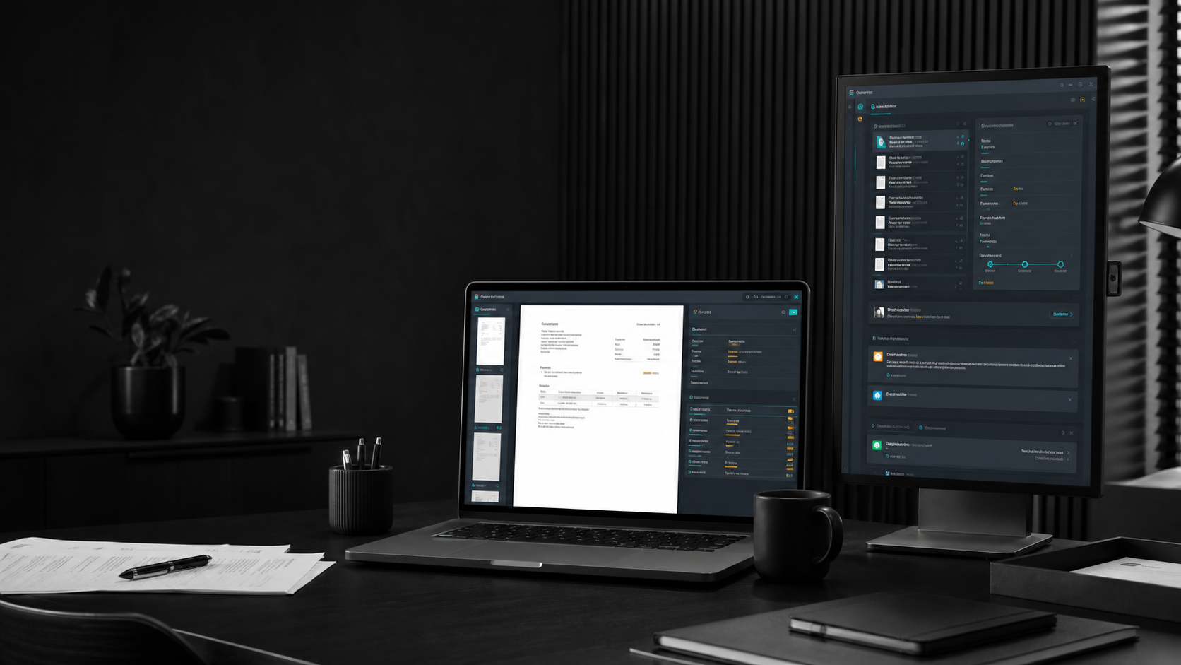 A colourful document workflow application on screens in a monochrome office